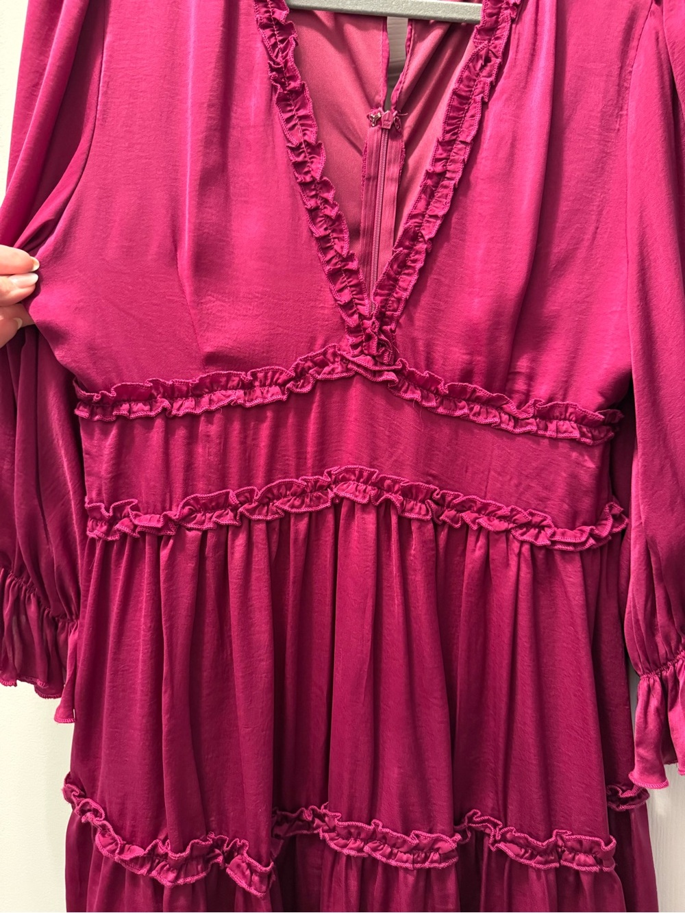 GREAT for Fall-Like New Boutique Satin Tiered Mini Dress - Fuchsia - Picture 3 of 6